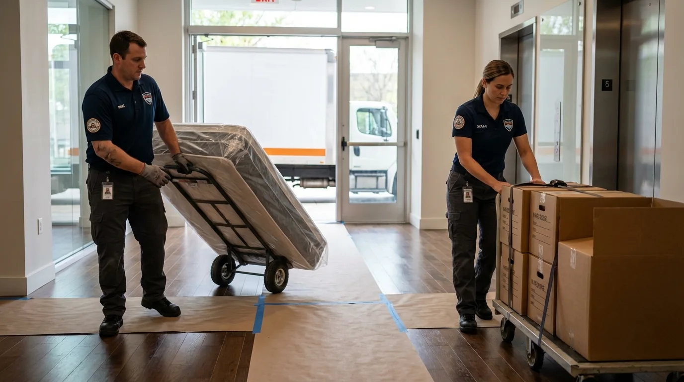Professional apartment movers loading elevator in Granville, OH
